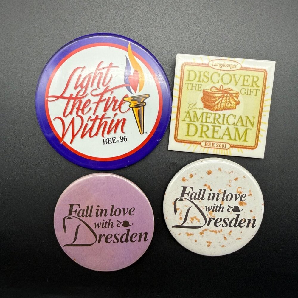 Vintage Longaberger Pins Buttons Lot of 4 Dresden OH Ohio Basket Pinback